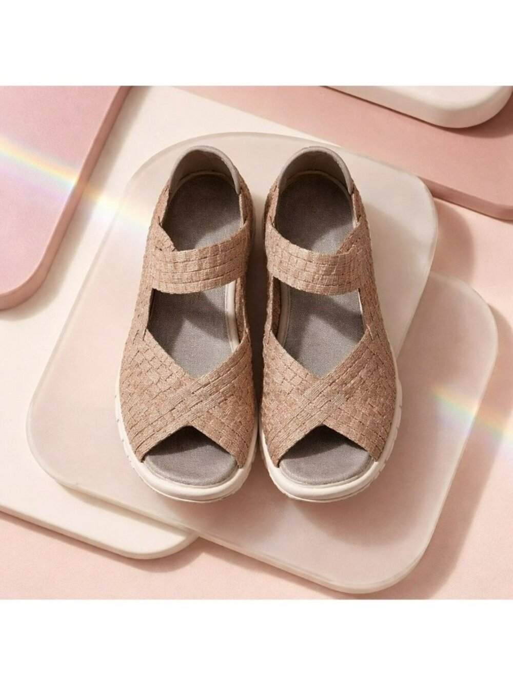 Bernie Mev Comfi Blush Shimmer Woven Mary Jane Open Toe Memory Foam Sandals Sz 9
